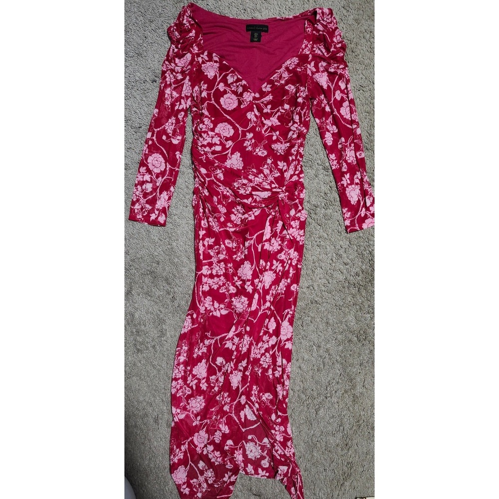 House of Harlow 1960 Pink Floral Mesh Ruched Midi Dress Long Sleeve Sweetheart L